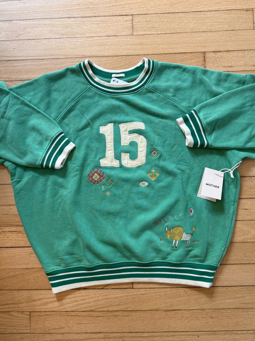 MOTHER The BIG Sport Sweatshirt-Mother Fifteen 15 Green Embroidered Size M NWT - Picture 4 of 10